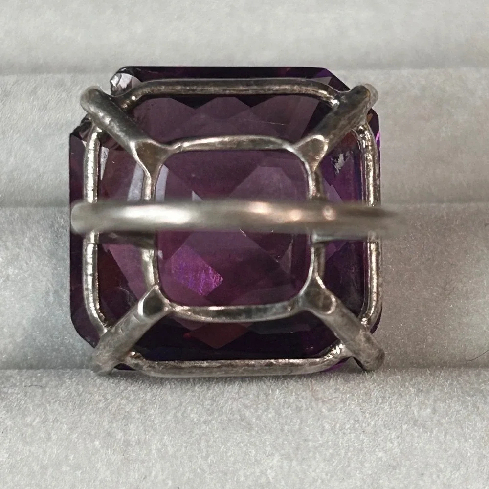 Vintage Sterling Silver Large Purple Lucite Cocktail Statement Ring Sz 5.25